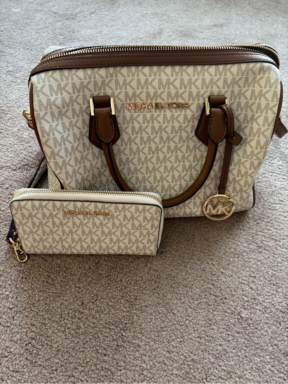 Michael Kors Cream Logo Satchel with Brown Trim and Matching Wallet